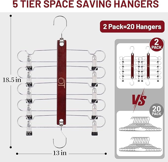 2 Pack Skirt Hangers with Clips, Space Saving Beechwood 5 Tier Pants Hangers with 360° Swivel Hook, Closet Organizer for Skirts, Pants, Tank Top-College Dorm Room Essentials (Brown)