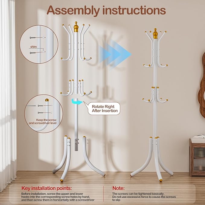 Free-Standing Coat Rack Metal Stand Hanger 12-Hooks Organizer, Hall Tree Entry-Way Furniture for Hanging Up Jacket, Hand-Bag, Cloth, Hat, Winter Scarf Holder for Home or Office Floor White
