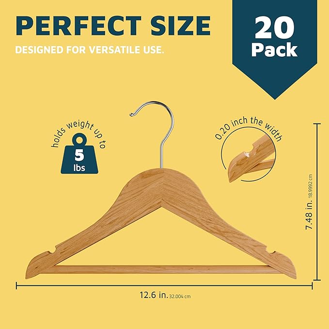 Natural Color Wooden Kids Hangers 20 Pack, Toddler & Baby Wooden Hangers, 11.8" Solid Maple Wood with 360° Swivel Hook, Pants Bar & Notches, Up to 7.7lb Capacity, Space-Saving Design for Ages 0–8