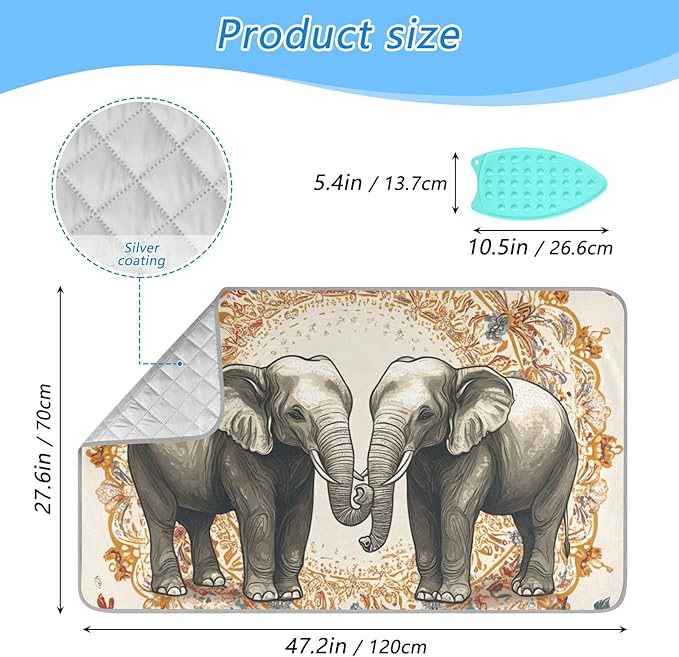 Ironing Mat Pad for Table Portable Travel Iron Blanket Ironing Board Covers Pressing Mat Heat Press Pads 27.6x47.2 Inches Elephants Mandala Pattern Beige41