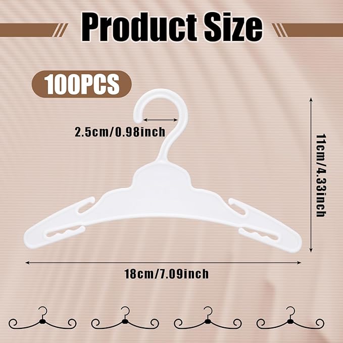 Soulchen 100 Pcs Doll Clothes Hangers for 18 Inch Dolls, Plastic Clothes Hangers with Non-Slip Clips, Space-Saving Wardrobe Accessories for Gown Dress Outfit (White)