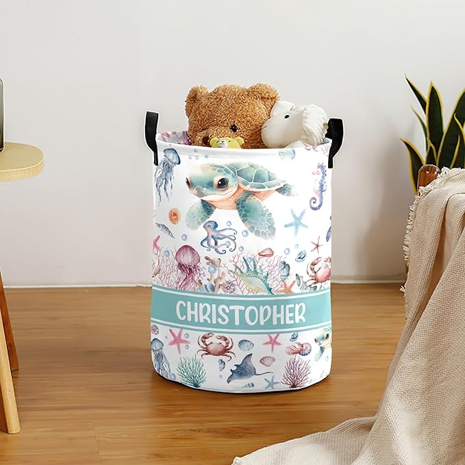Large Custom Name Laundry Hamper, Turtle Personalized Dirty Clothes Hamper Storage Basket with Name for Bathroom Bedrooms, Customized Name Circular Hamper with Handles for Baby Boys Girls Men Women