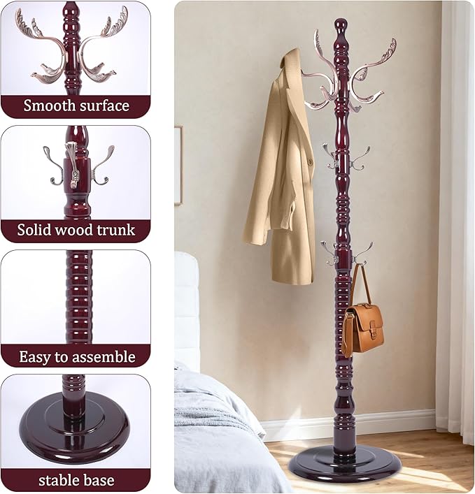 73" Wooden Coat Rack Freestanding, Coat Rack Stand With 18 Hooks And Round Solid Wood Base，Adjustable Height, Easy To Assemble For Entrance Hallway Office Living Room Bedroom (Metal)
