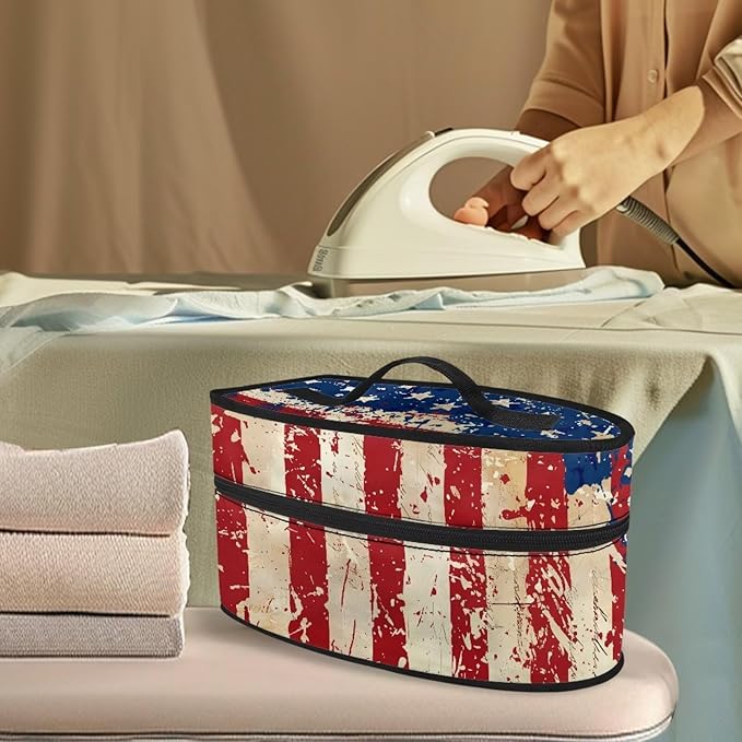 Independence Day Iron Storage Case for Clothing Store Reusable Easy to Clean Vintage American Flag Iron Storage Bag with Zipper Handle, 4th of July