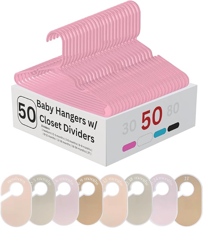50 Pack Baby Hangers – Includes 8 Closet Dividers – Non-Slip Durable Hangers for Infant Clothes & Nursery Organization (Pink, 50)