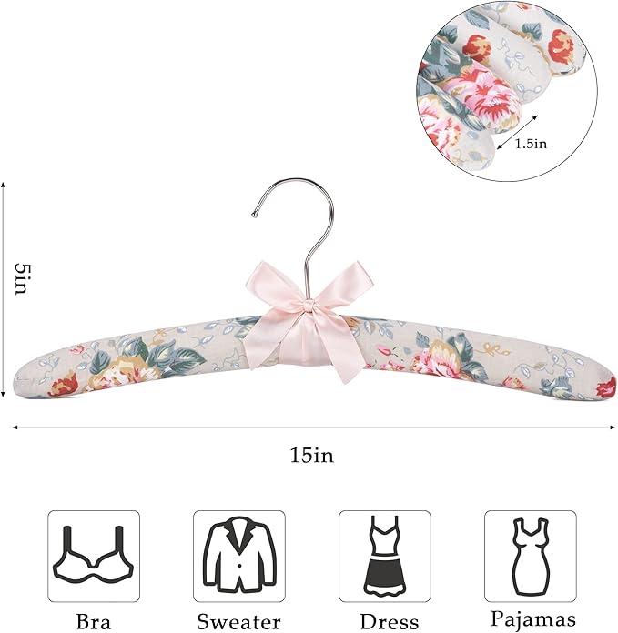 NEOVIVA Padded Hangers for Women - Floral Clothes Hangers, No Shoulder Bump Hangers for Adults - Sweaters, Dresses, Suits (Pack of 5)