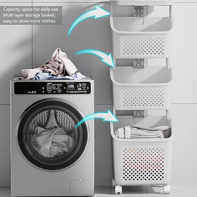 3 Tier Laundry Basket Organizer with Wheels, Tiered Laundry Basket Organizer, with Portable Storage Baskets, for Kitchen Bathroom Bedroom Laundry Room