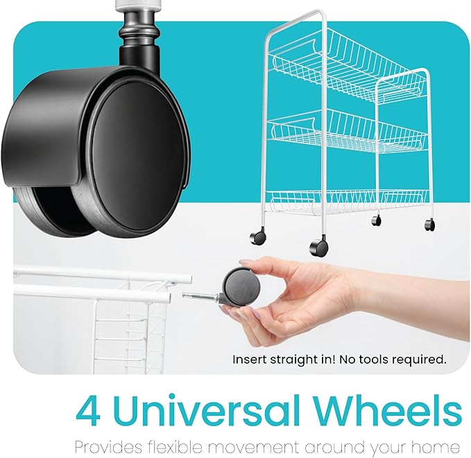 Home Zone Living Rolling Utility Cart with Handle, 3 Tier Versatile Storage Organizer with Wheels for Home, Office, Living Room, and Kitchen