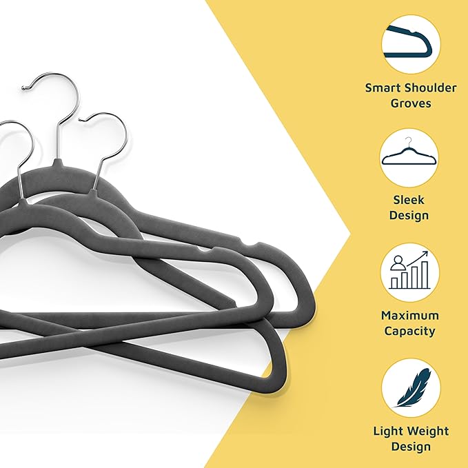 Lifemaster Velvet Non-Slip Hangers - 20 Pieces Non-Slip Coat Hanger Set with 360° Swivel Hook, Space-Saving, Sleek Design, Keep Closet Organized, Smooth Velvet Finish, Lightweight Construction - Gray
