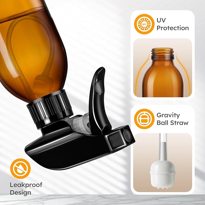 Tecohouse 360° 4 OZ Amber Glass Spray Bottles, 2 Pack Empty Refillable Containers with Adjustable Spray Nozzles, Dark Spray Bottles for Cleaning Solutions, Plants, Hairs