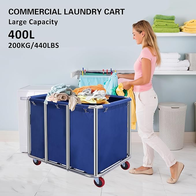 Commercial Laundry Cart with Wheels,11.35 Bushel Large Industrial Laundry Hamper,Industrial Laundry Cart with Stainless Steel Frame and Waterproof Oxford Cloth,440Lbs