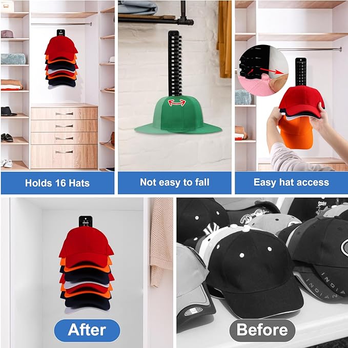 Hat Rack for Wall, 2 Packs Hat Organizer for Baseball Caps Adhesive Hat Hooks Hold Up to 32 hats, Hat Storage Display Hat Hanger Holder for Door Closet, Patent Pending