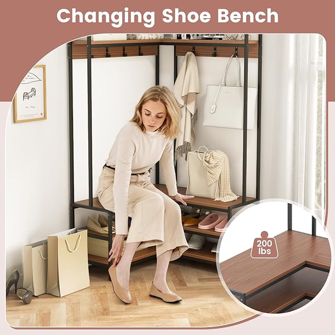 Giantex Corner Coat Rack with Shoe Bench, L-Shaped Garment Rack with 5 Shelves & 7 Hooks, Heavy Duty Freestanding Clothes Racks Entryway Bench with Shoes Organizer for Hallway (Walnut & Black)