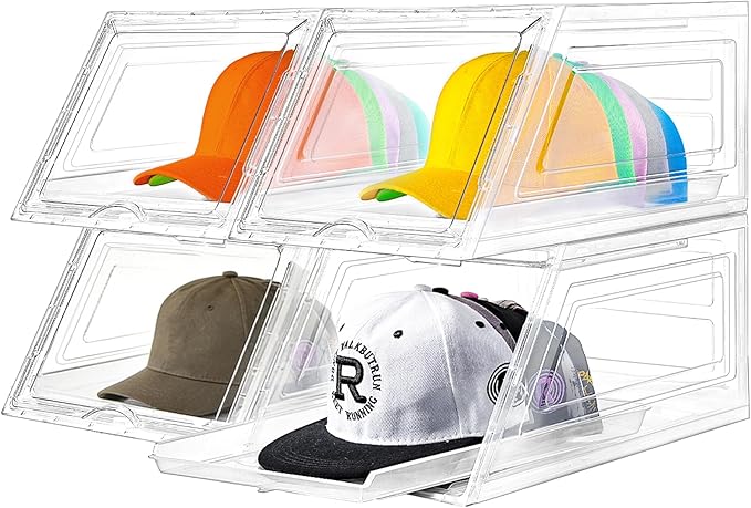 4 Pack Hat Organizer for Baseball Caps,Large Clear Cap Organizer with Drawer,Hats Holder Box for Closet with Sliding Tray,Stackable Hat Rack Display Case,Multi-use Hat Case for Caps,Each Holds 12 Hats
