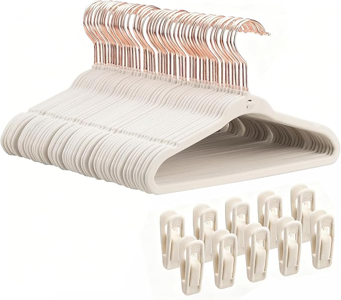 Kids Velvet Hanger 50 Pack, 11" Baby Clothes Hangers with Rose Gold Swivel Hook & 10 Clips, Ultra Thin 0.2" Non-Slip Nursery Hangers, Stackable Space-Saving Felt Hangers for Closet, Beige