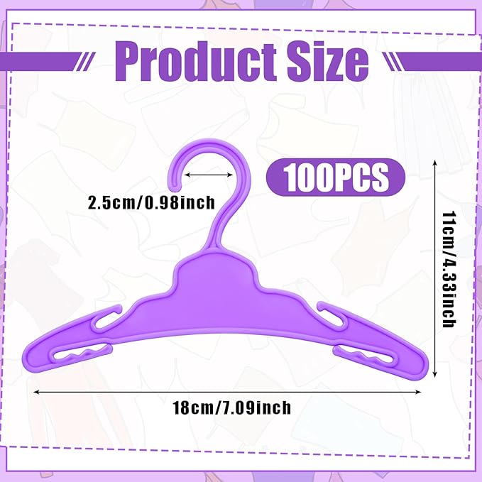Soulchen 100 Pcs Doll Clothes Hangers for 18 Inch Dolls, Plastic Clothes Hangers with Non-Slip Clips, Space-Saving Wardrobe Accessories for Gown Dress Outfit (Purple)