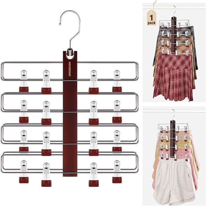 HOUSE DAY Skirt Hangers Space Saving 1 Pack, Double Row 4-Tier Non-Slip Hangers with Clips for Skirts, Shorts, and Pants - Lotus Wood Clip Hanger for Women - Closet Organizers and Storage (Mahogany)