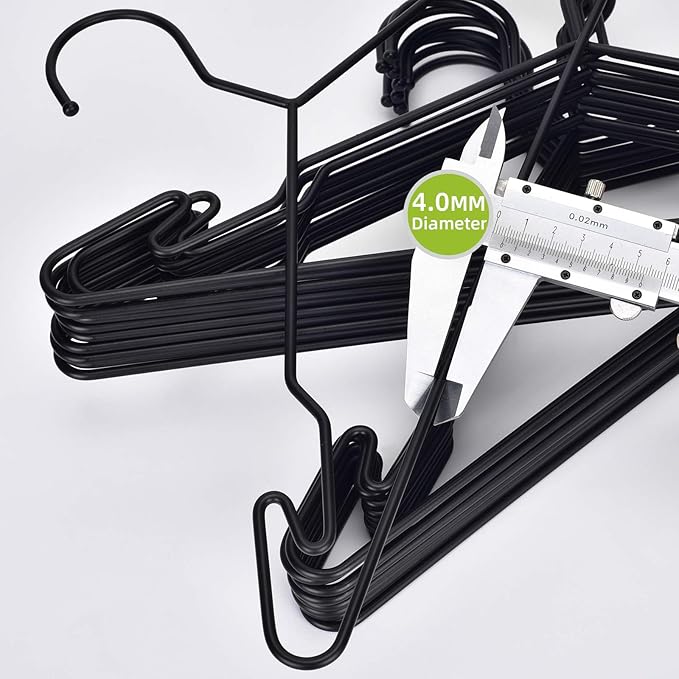 Heavy Duty Metal Hangers with Unique Hook Design Durable & Sturdy Coat Hangers 4mm Thick Withstands 25lbs Weight Smooth Powder Coated Finish Compact Shirt Hangers - 40 Pack Black