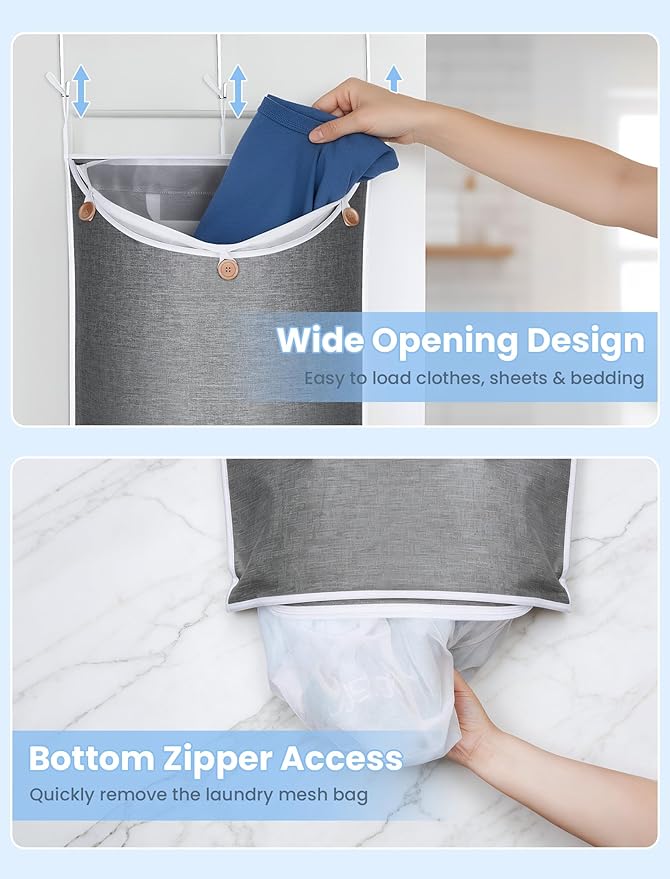 NiHome XXL Hanging Laundry Hamper Bag 39.4"x22.4" with Removable Delicates Bag, 2-in-1 Door Hamper with Dual Hooks, Wide Opening Laundry Bag for Dorm Bedroom Bathroom(Use Together or Separately)