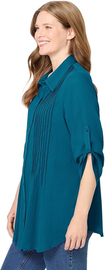 Woman Within Plus Size Pintucked Button Down Gauze Shirt