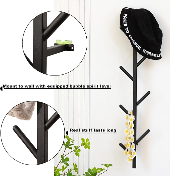 Modern Heavy Duty Coat Hanger Set of 2 - Wall Mount Hat Rack for Cowboy Hats, Baseball Caps & Jackets - Black Metal Coat Stand