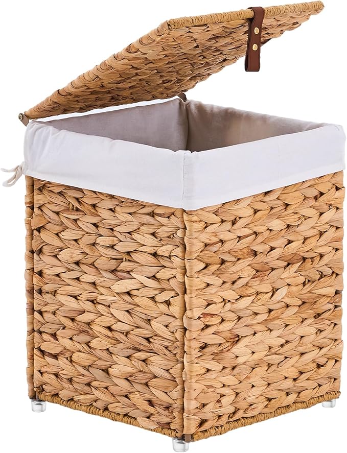 Mini Handwoven Laundry Basket with Lid, Natural Water Hyacinth Storage Basket with Handle, Removable Cotton Liner, Durable and Stylish for Bedroom, Bathroom, Laundry Room