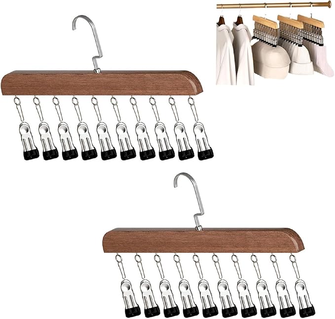 Hats Hangers with 10 Clips,Space Saving Cap Organizer for Closet,Wooden Legging Hangers 2 Pack,360° Rotating Hanging Closet Organizer for Pants, Skirts and Socks Storage(Set of 2,Vintage)