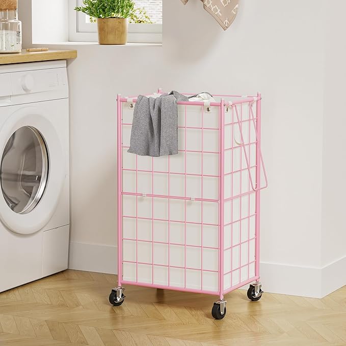 WOWLIVE Laundry Hamper with Wheels,Metal Wire Frame Rolling Laundry Basket with Removable bag,100L Dirty Clothes Hamper Organizer Dorm Room Storage for Bedroom,Bathroom,Pink