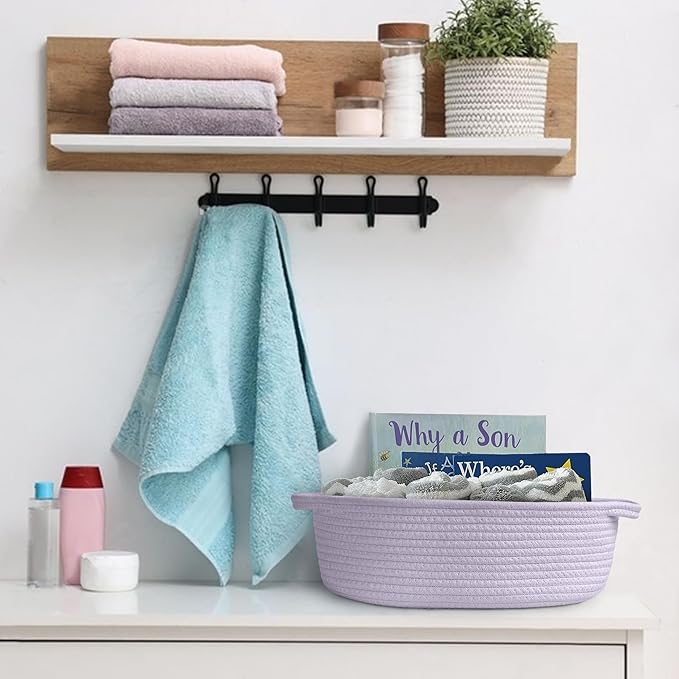 Purple Small Woven Basket, 13” x 9” x 5” Baskets for Gifts Empty, Cotton Rope Gift Basket, Cute Nursery Baby Organizer, Cat Dog Toy Box, Oval Wicker Storage Bin with Handle