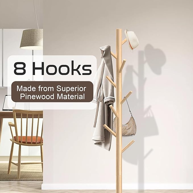 Wooden Coat Rack Stand, Freestanding Coat Rack with 8 Hooks, 3 Adjustable Size Coat Tree for Hats, Coats, Scarves bags, Coat Hanger Stand Used in Bedroom/Office/Entryway,2 PCS (Natural)