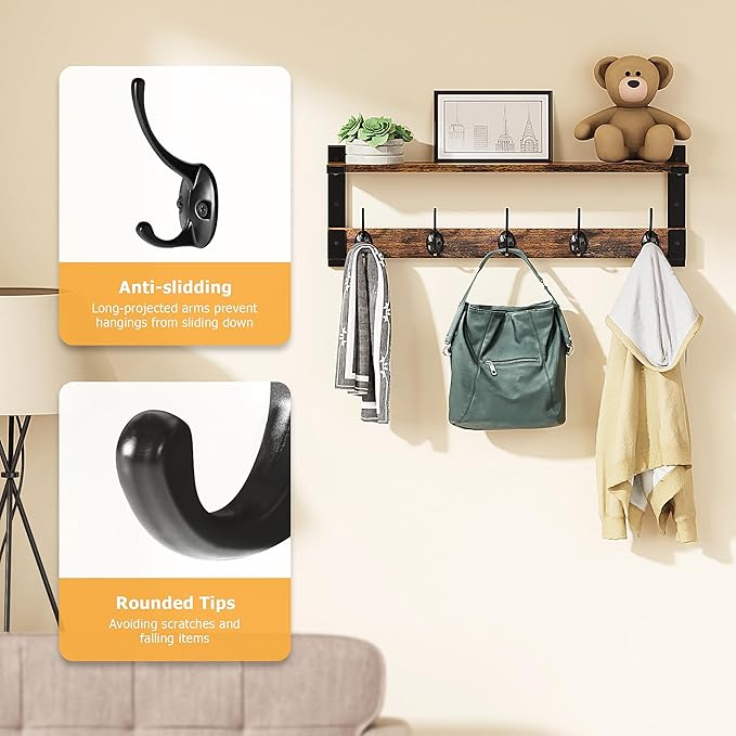 Coat Rack Wall Mount with Hooks and Shelf for Coat, Backpack, Key, Clothes Hanger, Wall Floating Shelf for Entryway, Living Room, Bathroom, Bedroom, Kitchen