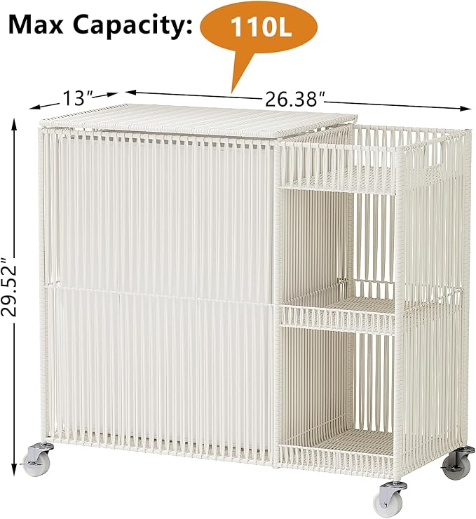 WOWLIVE Laundry Hamper with Wheels, Handwoven Laundry Basket with Lid, Shelves, Rolling Clothes Hamper with Removable Liner Bag, 110L Large Laundry Sorter Laundry Room Organization, White