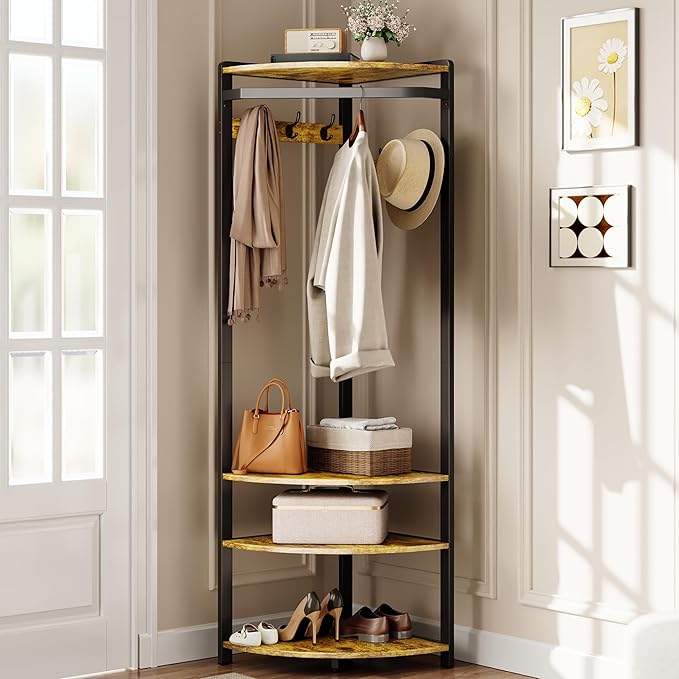 GarveeHome Corner Coat Rack With Shoe Bench for Entryway, Hall Tree With 6 Double Hooks, Clothes Rack With Storage and Organizer Shelf for Hallway, Closet