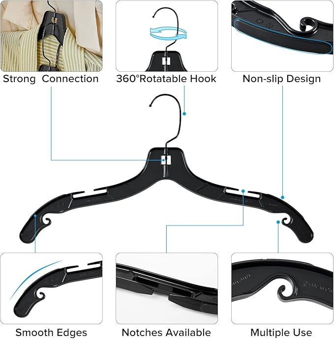 Donext Plastic Hangers with 360 Swivel Metal Hook, Heavy Duty Clothes Hangers, Durable Closet Hangers for Shirt, Coat and Dress (30 Pack, Black)