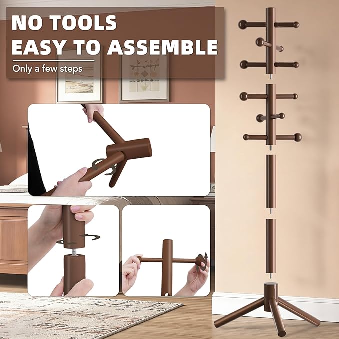Wooden Coat Rack Freestanding with 12 Hooks 3 Adjustable Heights，Standing Coat Rack Tree for Hat and Coat Rack for Small Spaces Entryway,Office,Bedroom,Brown