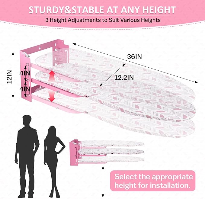 Wall Mounted Ironing Board Adjustable Height, 36 x 12 Inch Fold Away Iron Board Wall Mount Space-Saving Ironing Board with Removable Heat Resistant Cover for Small Spaces Home Laundry Room Pink