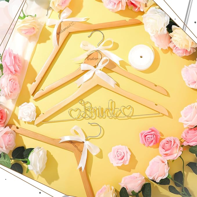 8 Pcs Wire Bride Bridesmaid Hanger Set Wood Color Wedding Dress Hanger with White Ribbon Wooden for Bridal Shower Photo Keepsake Party Wedding Gift