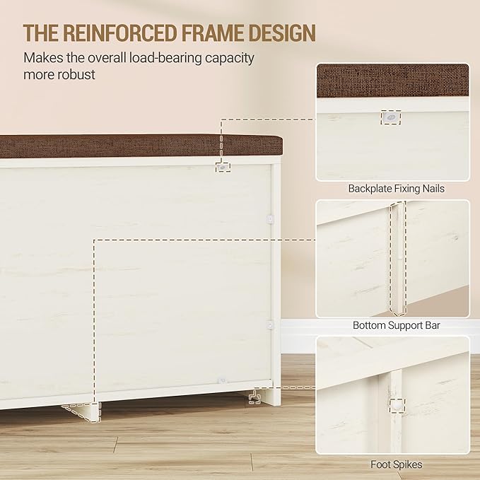 2 Tier Shoe Storage Bench with Doors, 47.2" Farmhouse Shoe Bench with Padded Cushion, 12 Pairs of Bed End Bench, Entryway Bench with Storage for Bedroom, Living Room, Rustic White SB61214KA