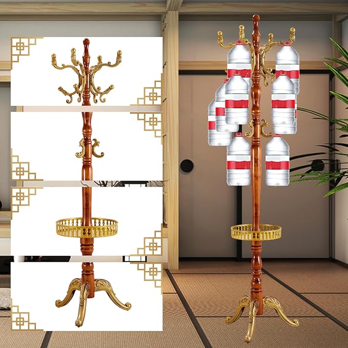 Coat Rack Freestanding, Wooden Tree Coat Rack Stand with 3 Adjustable Sizes Coat Tree and 14 Hooks, Sturdy Hall Tree with Solid Round Base for Entryway, Hallway,Bedroom (Begonia Tray)