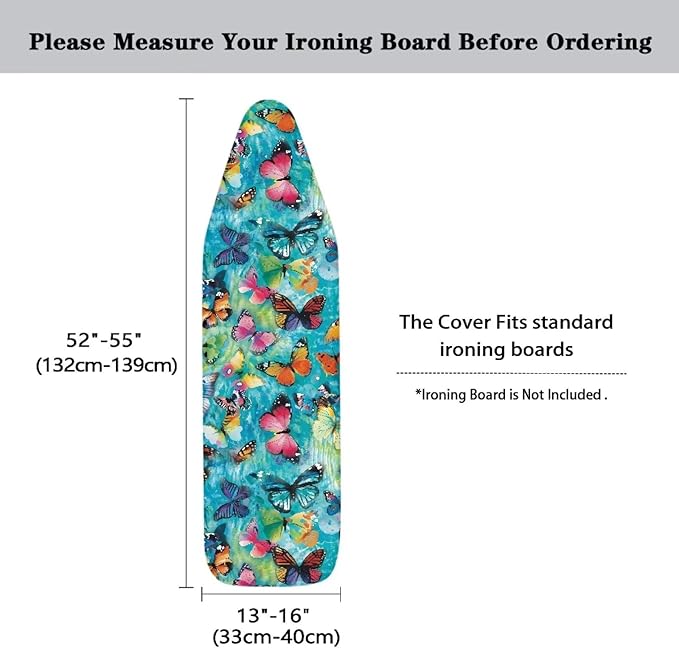 Colorful Butterfly Heat Reflective Iron Pad for Board Top Stain Resistant Stretchable Premium Fabric Non Stick Scorch Standard Size Ironing Board Cover for 15 x 54 Inch Ironing Boards