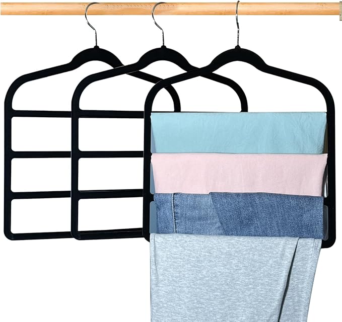 Velvet Pants Hangers Space Saving Hangers Closet Organizer for Jeans Slack Trousers Scarf Tie Pants Rack Leggings Hanger Non-Slip Hangers Multiple Clothes Holder (Black, 3)