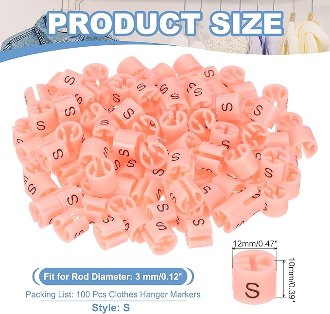 PATIKIL 100 Pcs Clothes Hanger Markers, S Size Tags Fit 3mm Rod Garment Size Hanger Clips Color Coding Label for Clothing Hangers, Pink