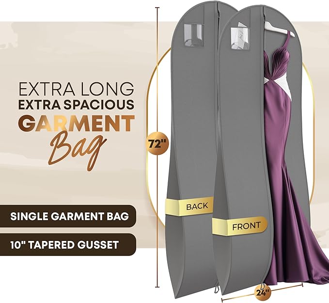 72" Tapered Long Dress Bags for Gowns - Wedding Dress Garment Bag for Dresses - Long Garment Bags for Hanging Clothes & Closet Storage, Dress Bag for Airplane