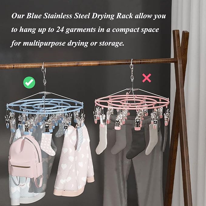 Stainless Steel Clothes Sock Drying Rack with 24 Clips, Swivel Hook Windproof Clothes Hanger Rack for Sock, Bras, Towel, Underwear, Laundry Clothes, Hat, Scarf, Pants, Gloves (Blue Clips)