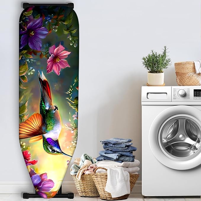 Nuxovilar Ironing Board Cover with Hummingbird and Colorful Flowers Pattern, 15x54 Inches Polyester - Ironing Board Cover and Pad for Garden - Themed Room, Sunroom, Craft Studio