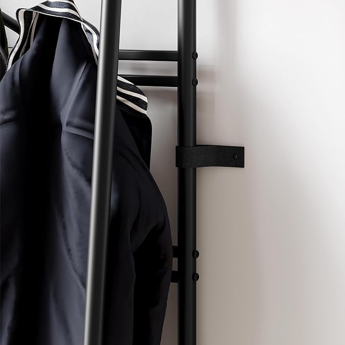 Coat Rack Shoe Bench with Double-Row 10 Hooks 60cm Width, 3-Tier Shelf Entryway Hall Tree with Storage, Metal Frame Multifunctional Organizer, 4-in-1 Coat Rack for Bathroom, Hallway.Black.