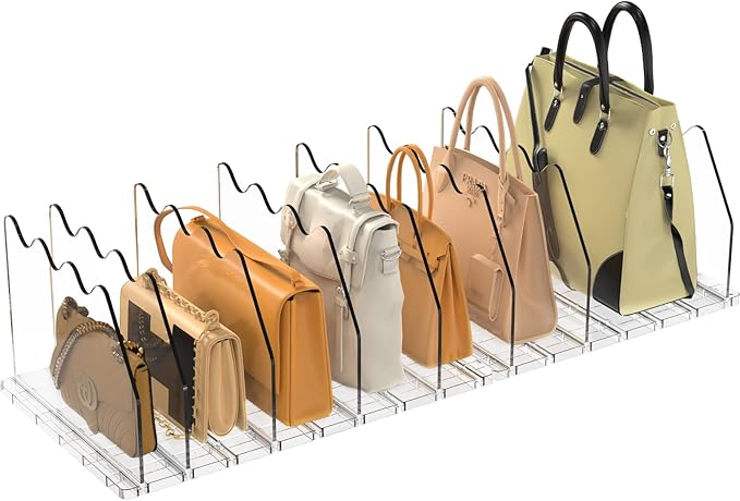 purse organizer for closet Sleek Transparent Acrylic Adjustable Organizer -shelf dividers Multifunctional for Home & Office Spaces (8 Baffles + 1 Hat Stand (Clear, 8+2)
