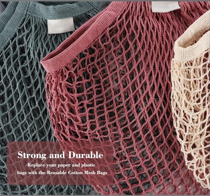 Lemonfilter Mesh Grocery Bags, 5 Pack Reusable Washable Cotton String Shopping Bag, Cotton Mesh Produce Bag with Long Handle Net Tote Bag for Fruit Vegetables Farmers Market Shopping (4 Color)
