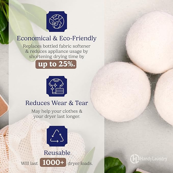 Handy Laundry Wool Dryer Balls – Natural Fabric Softener, Reusable, Reduces Wrinkles and Saves Drying Time. Large Dryer Balls Are a Better Alternative to Plastic Balls and Liquid Softener (Pack of 72)