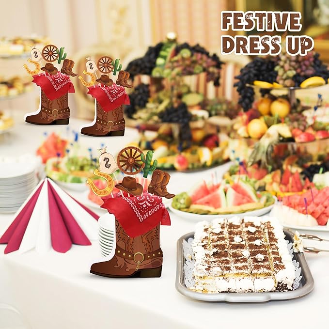 8 Sets 129 Pcs Cowboy Western Party Centerpieces - Brown Paper & Wooden Stick Cutouts with Cowboy Boots Shaped Boxes for Western Party Decor